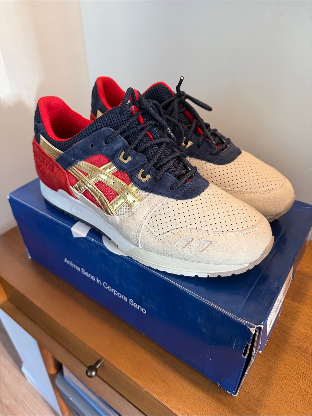 Concepts x ASICS Gel-Lyte III “Boston Tea Party” Beige, Navy & Red Sneakers